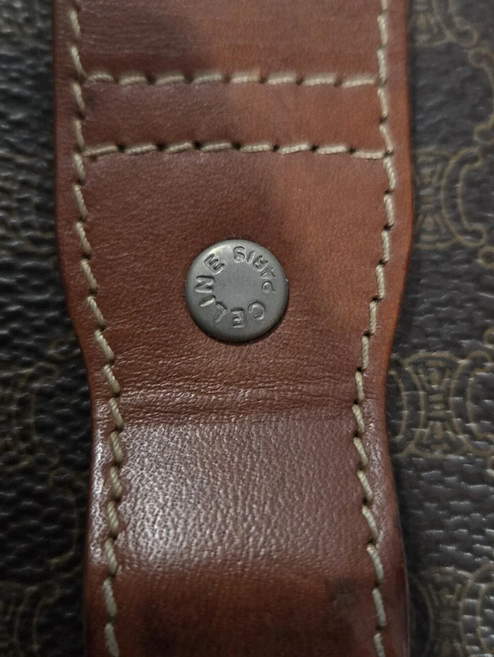 Celine Brown Patterned Leather Phone Case with Tan Strap